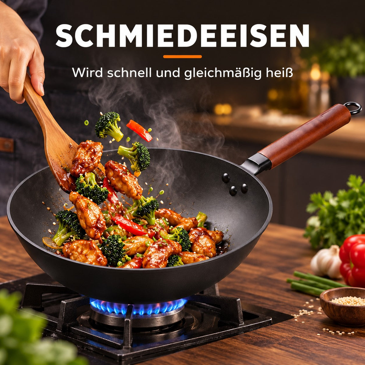 Le Tsukuba – Klassischer Wok 32 cm, SCHMIEDEEISEN: Wird schnell und gleichmäßig heiß
