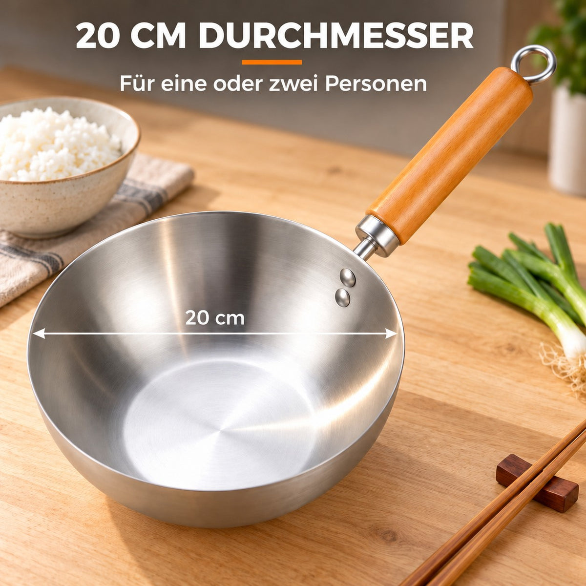Le Nuriko – Kleiner Wok Edelstahl, 20 CM DURCHMESSER: Für eine oder zwei Personen