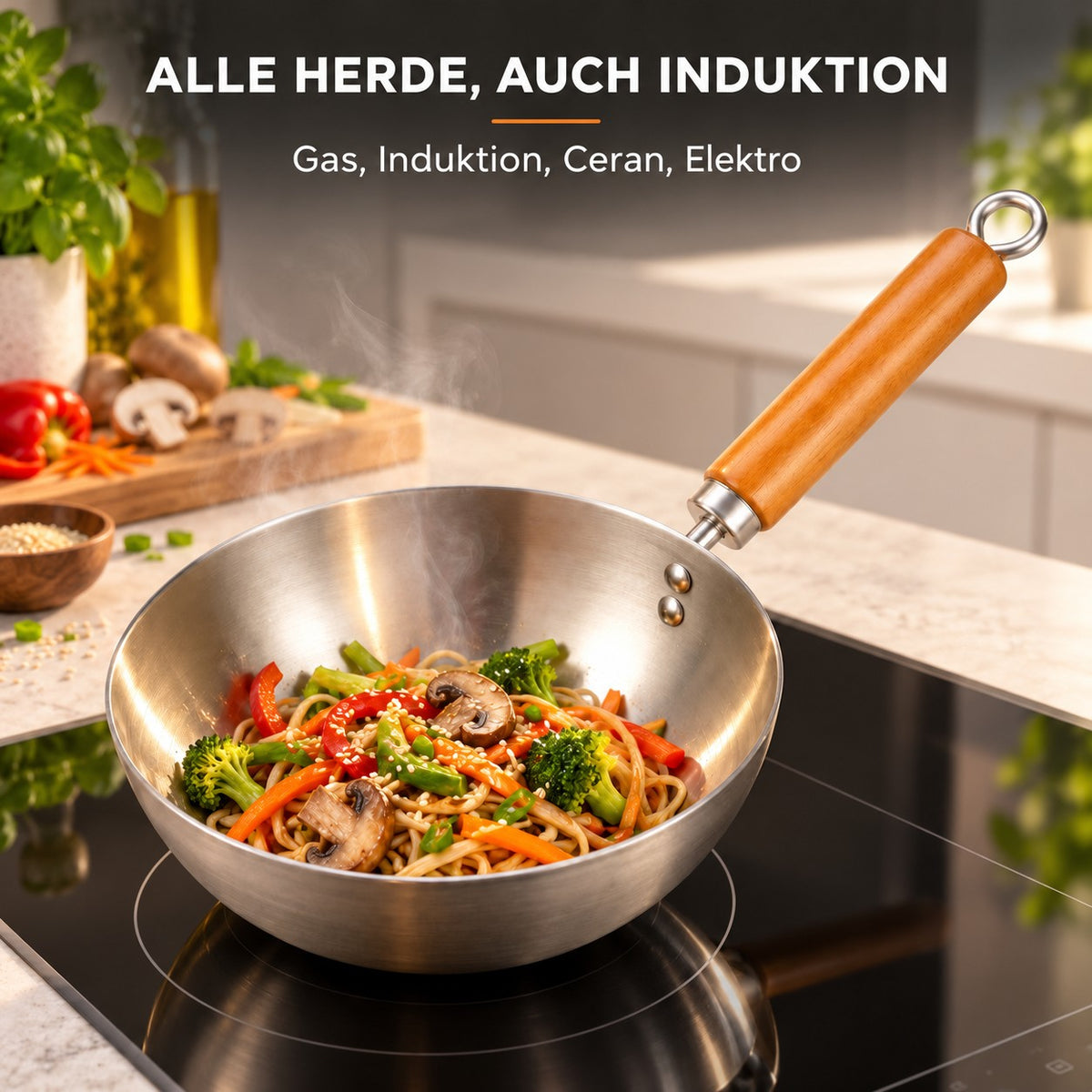 Le Nuriko – Kleiner Wok Edelstahl, ALLE HERDE, AUCH INDUKTION: Gas, Induktion, Ceran, Elektro