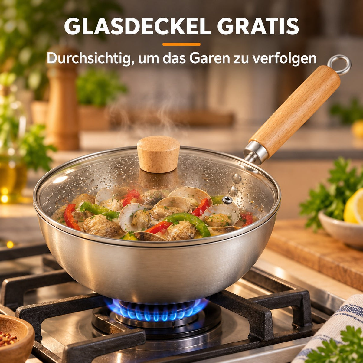 Le Nuriko – Kleiner Wok Edelstahl, GLASDECKEL GRATIS: Durchsichtig, um das Garen zu verfolgen