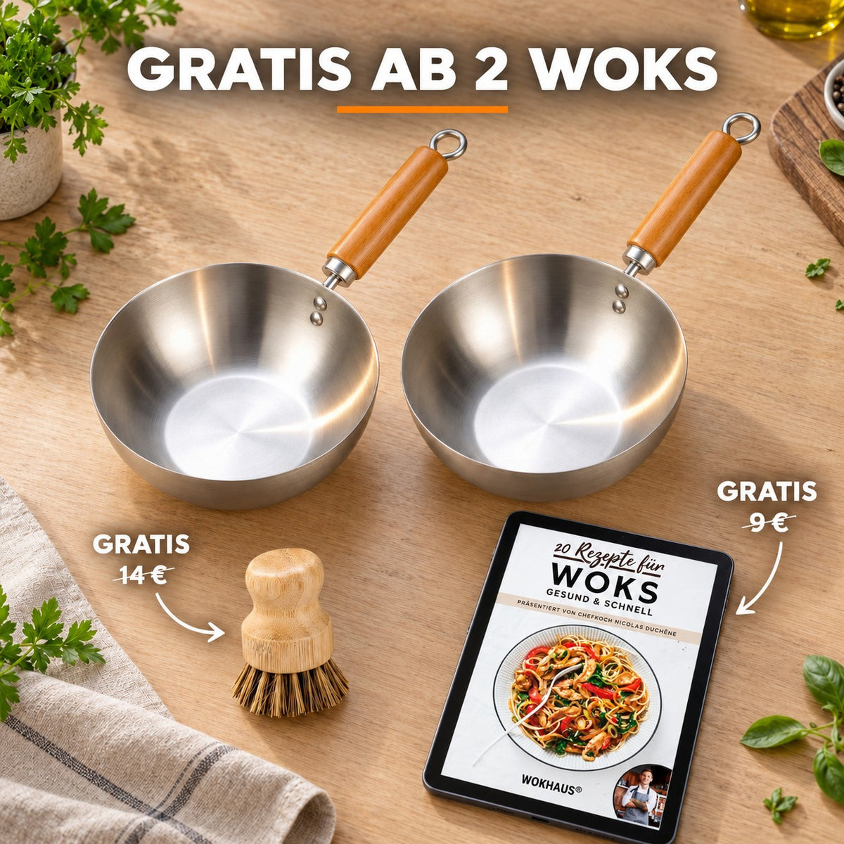 Le Nuriko – Kleiner Wok Edelstahl, GRATIS AB 2 WOKS: Bambusbürste (14 €), Rezeptbuch (9 €)