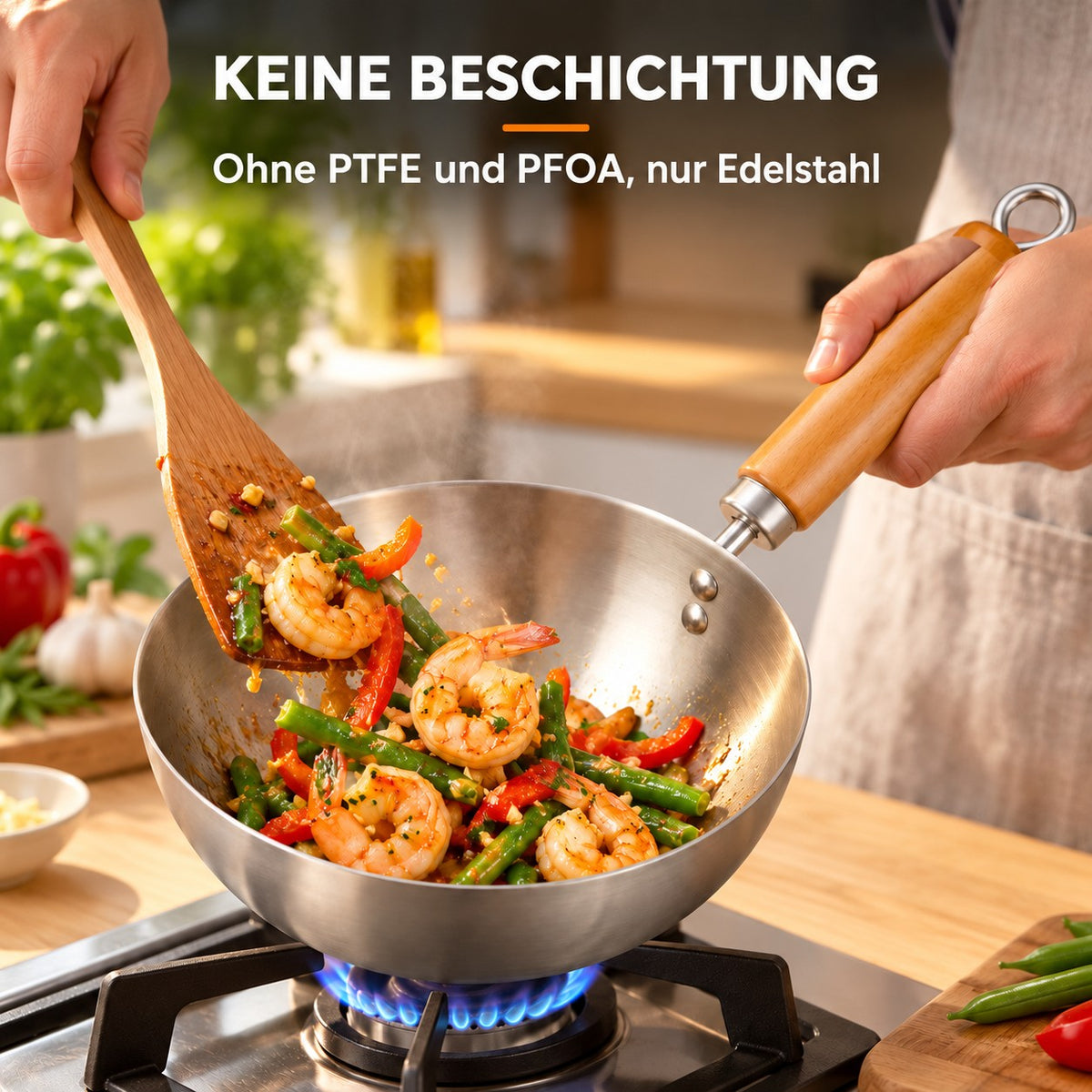 Le Nuriko – Kleiner Wok Edelstahl, KEINE BESCHICHTUNG: Ohne PTFE und PFOA, nur Edelstahl