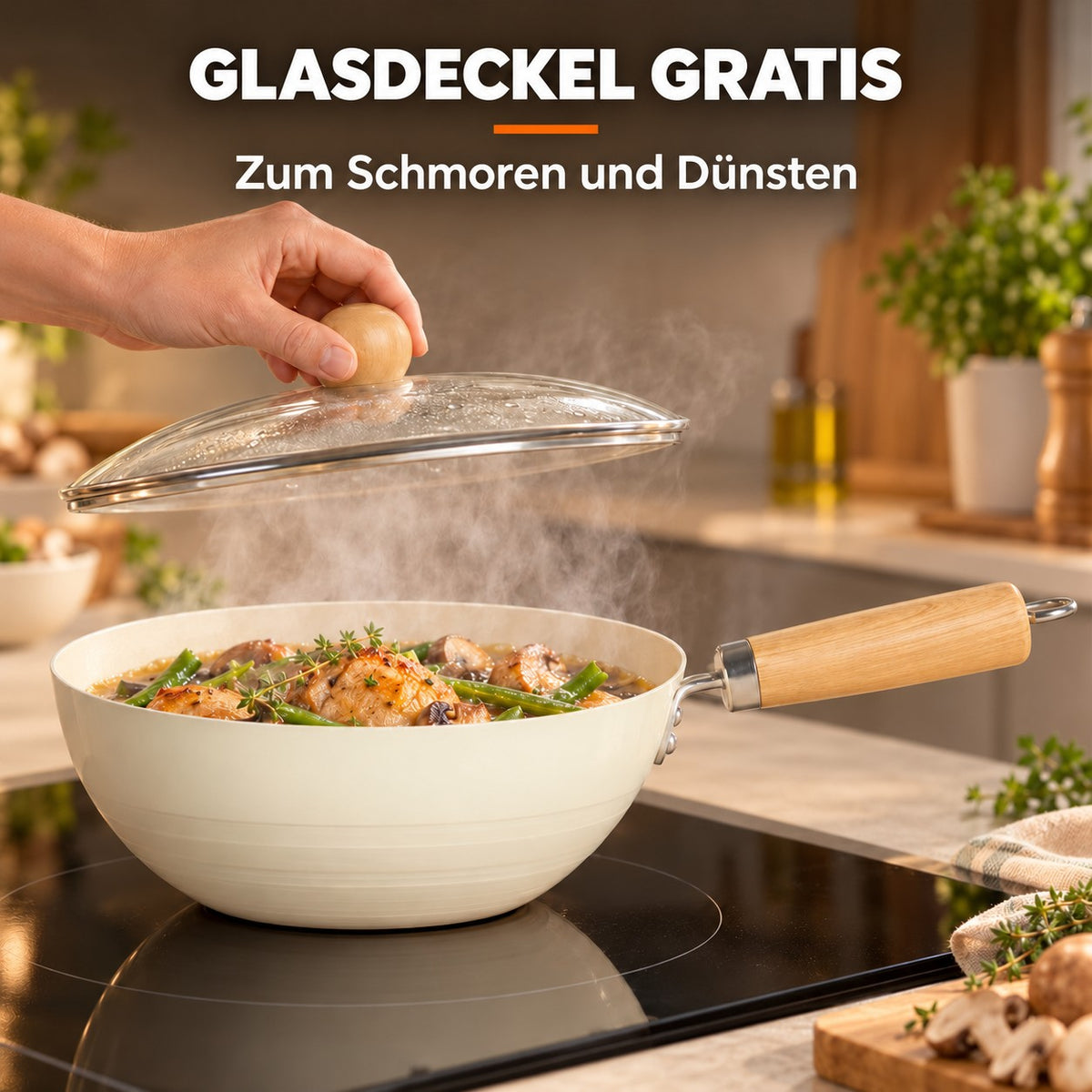 Le Tehana – Kleiner Wok Induktion, GLASDECKEL GRATIS: Zum Schmoren und Dünsten