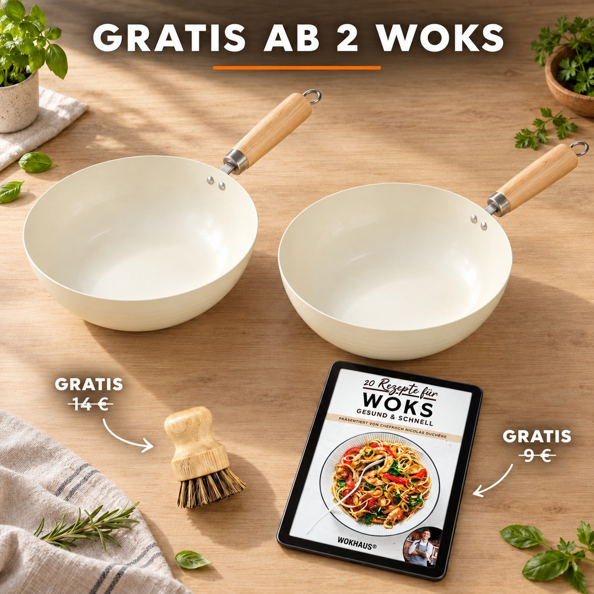 Le Tehana – Kleiner Wok Induktion, GRATIS AB 2 WOKS: Bambusbürste (14 €), Rezeptbuch (9 €)
