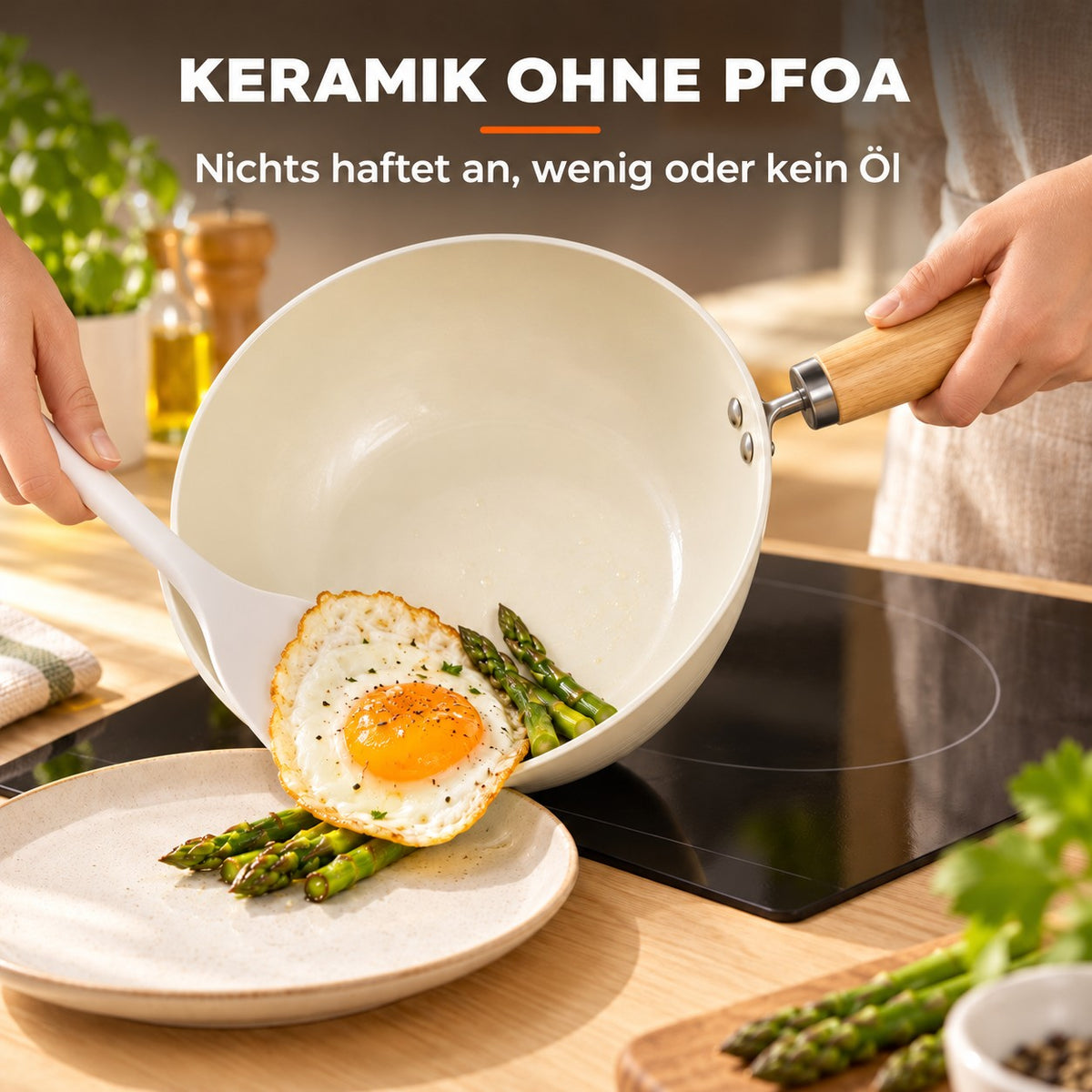 Le Tehana – Kleiner Wok Induktion, KERAMIK OHNE PFOA: Nichts haftet an, wenig oder kein Öl