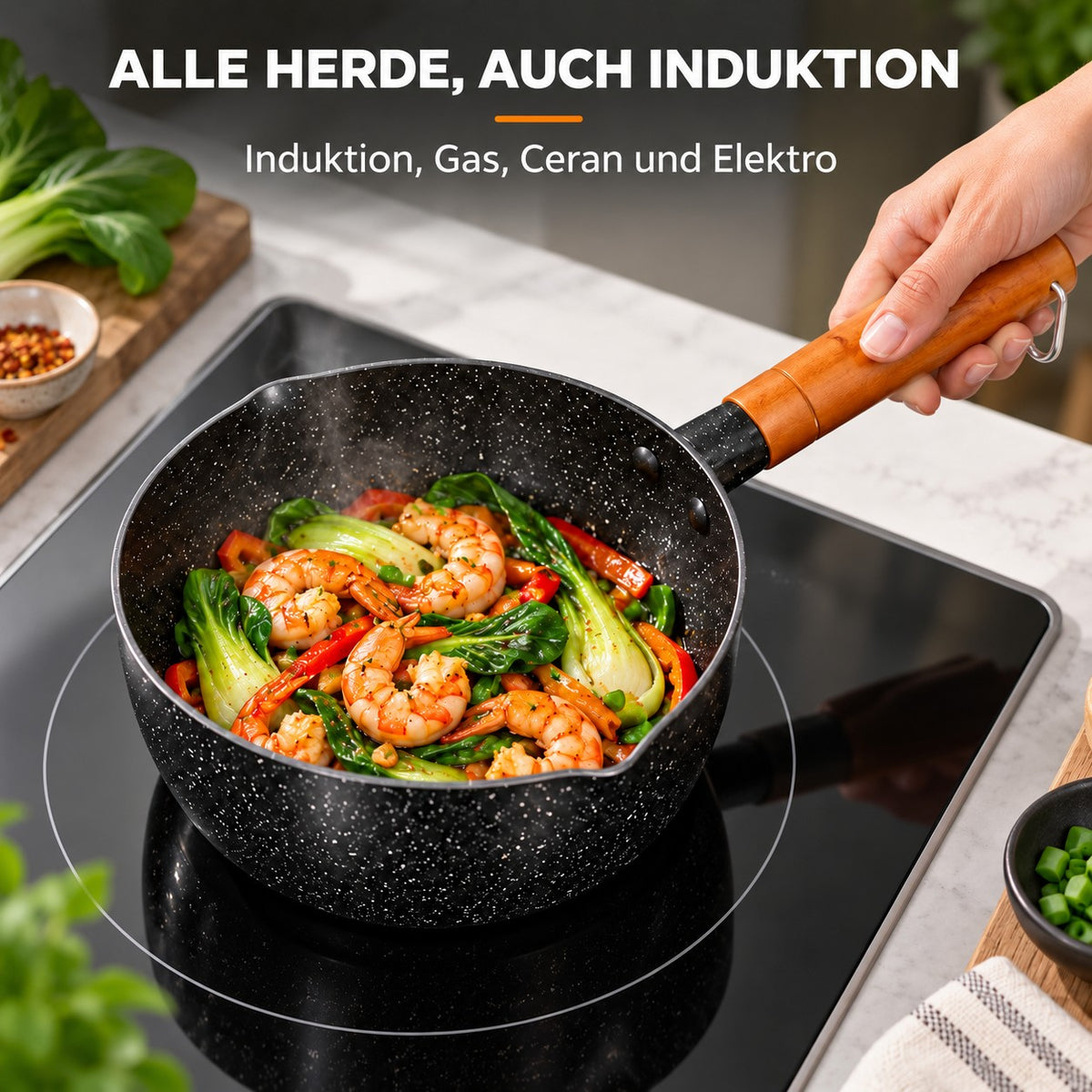Le Kawo – Kleiner Wok mit Holzgriff, ALLE HERDE, AUCH INDUKTION: Induktion, Gas, Ceran und Elektro