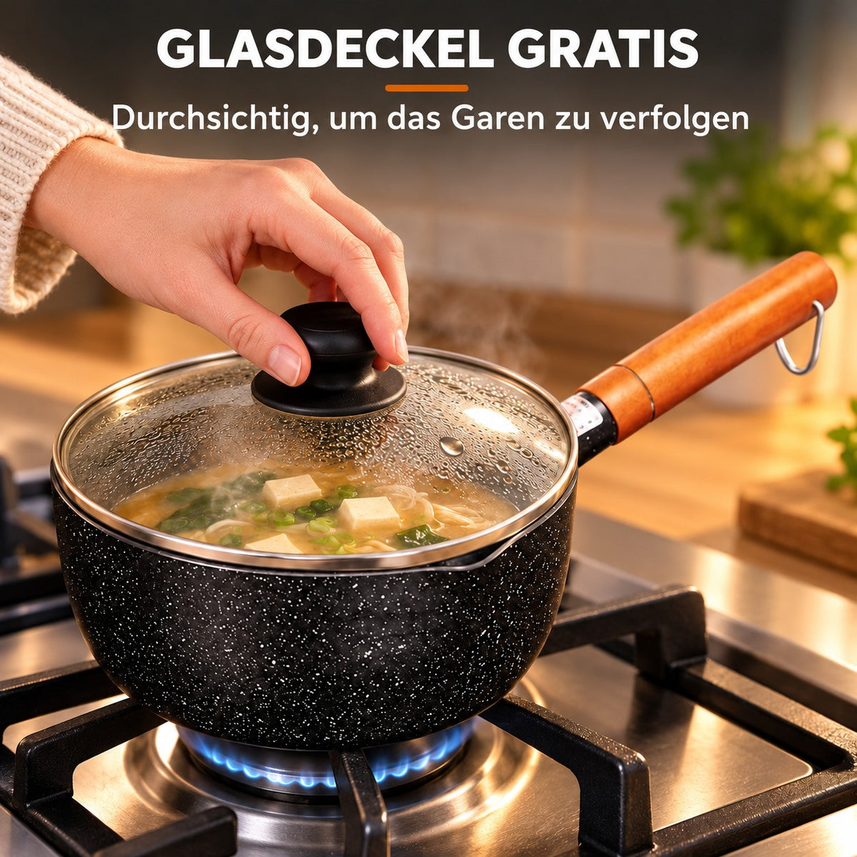 Le Kawo – Kleiner Wok mit Holzgriff, GLASDECKEL GRATIS: Durchsichtig, um das Garen zu verfolgen