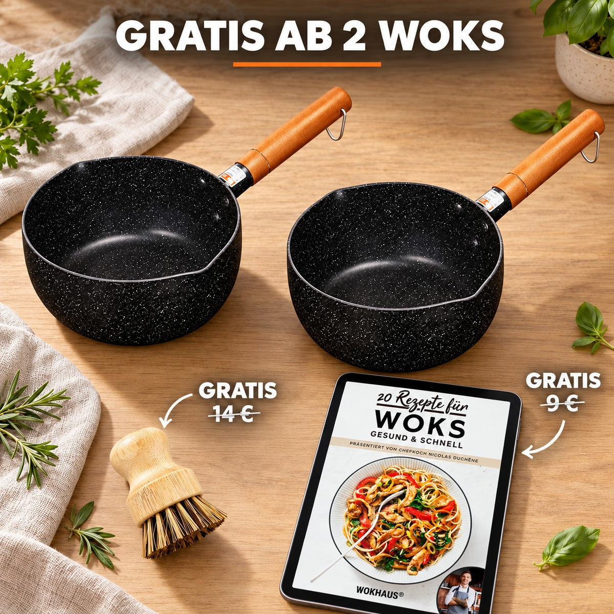 Le Kawo – Kleiner Wok mit Holzgriff, GRATIS AB 2 WOKS: Bambusbürste (14 €), Rezeptbuch (9 €)