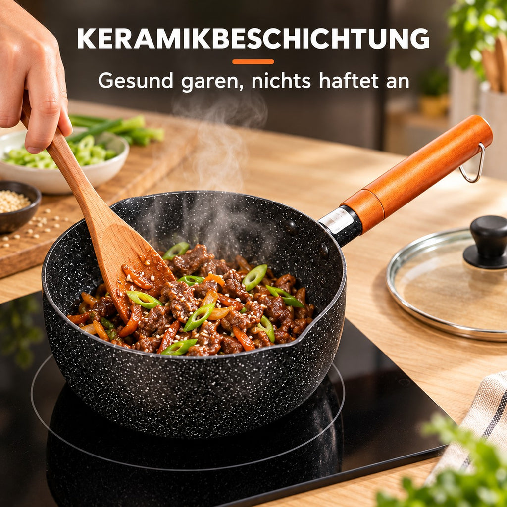 Le Kawo – Kleiner Wok mit Holzgriff, KERAMIKBESCHICHTUNG: Gesund garen, nichts haftet an