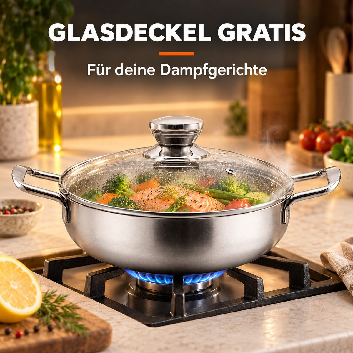 Le Daisen – Wok Pfanne Edelstahl 20 Cm, GLASDECKEL GRATIS: Für deine Dampfgerichte