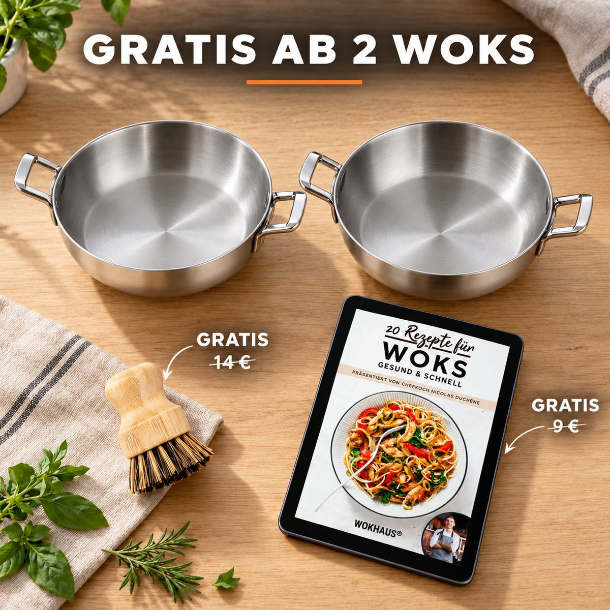 Le Daisen – Wok Pfanne Edelstahl 20 Cm, GRATIS AB 2 WOKS: Bambusbürste (14 €), Rezeptbuch (9 €)