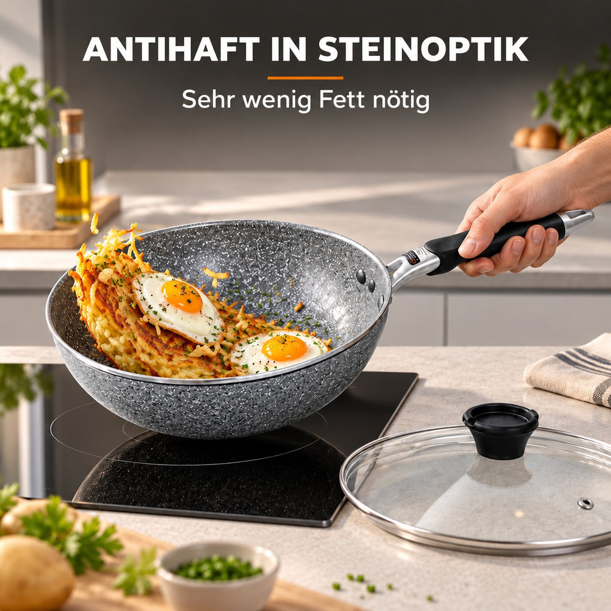 Le Hayachine – Granit Wok, ANTIHAFT IN STEINOPTIK: Sehr wenig Fett nötig