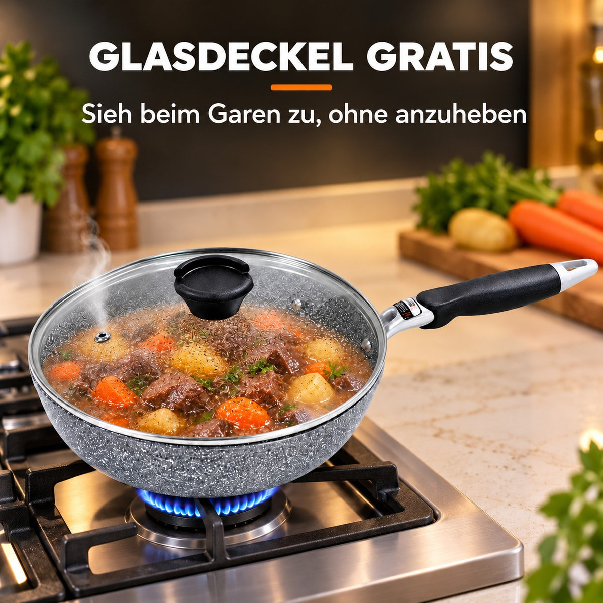 Le Hayachine – Granit Wok, GLASDECKEL GRATIS: Sieh beim Garen zu, ohne anzuheben
