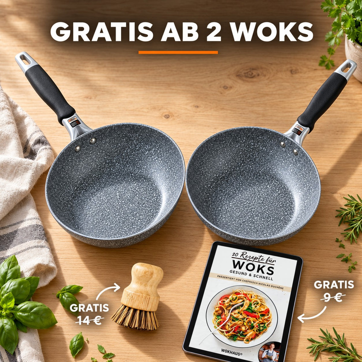 Le Hayachine – Granit Wok, GRATIS AB 2 WOKS: Bambusbürste (14 €), Rezeptbuch (9 €)