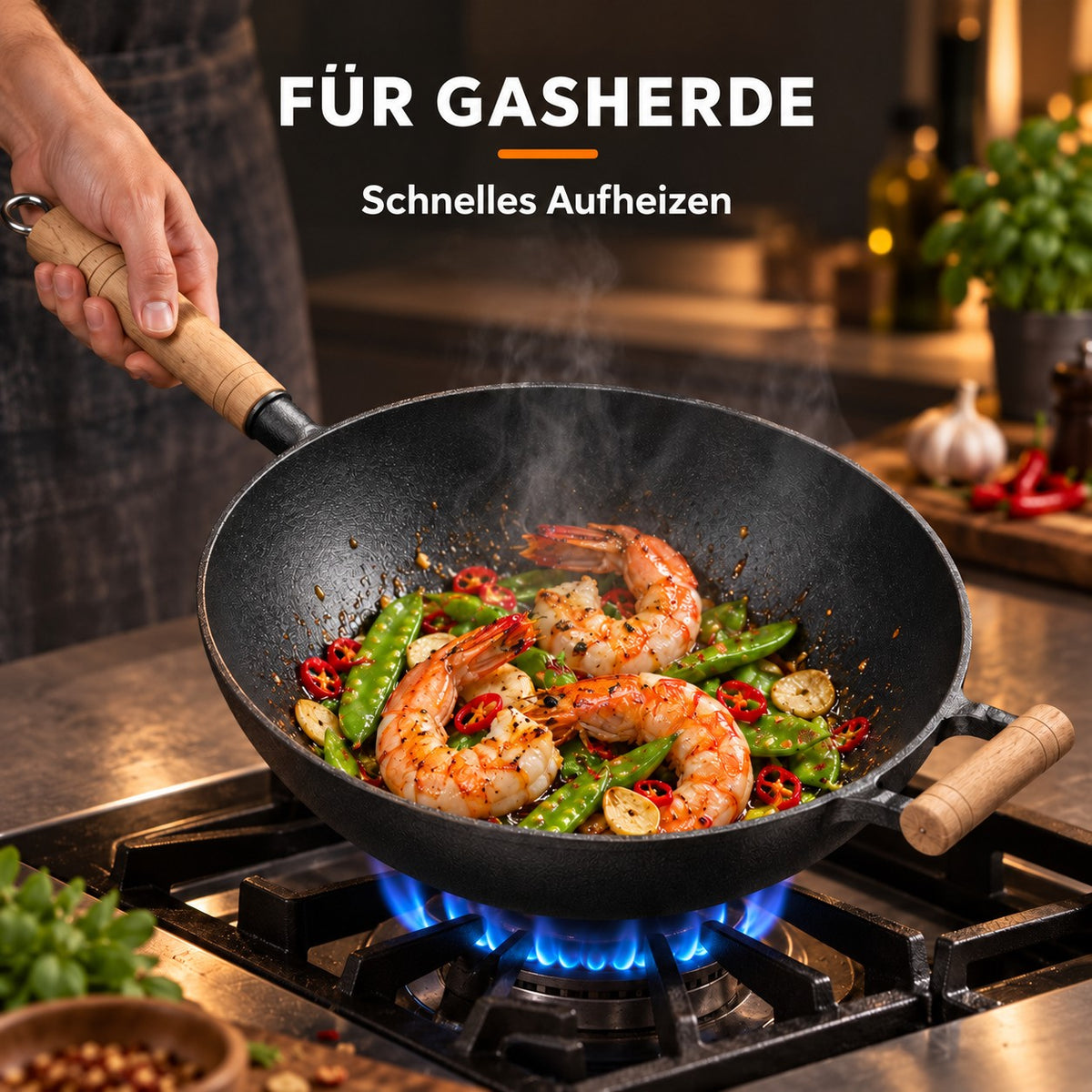 Le Hokan – Japanischer Gusseisen-Wok, FÜR GASHERDE: Schnelles Aufheizen
