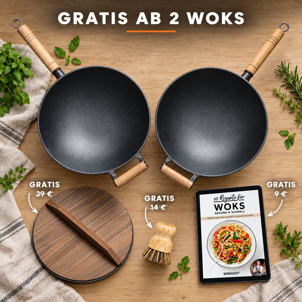 Le Hokan – Japanischer Gusseisen-Wok, GRATIS AB 2 WOKS: Holzdeckel (39 €), Bambusbürste (14 €), Rezeptbuch (9 €)