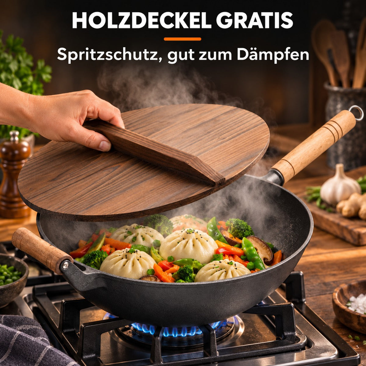 Le Hokan – Japanischer Gusseisen-Wok, HOLZDECKEL GRATIS: Spritzschutz, gut zum Dämpfen