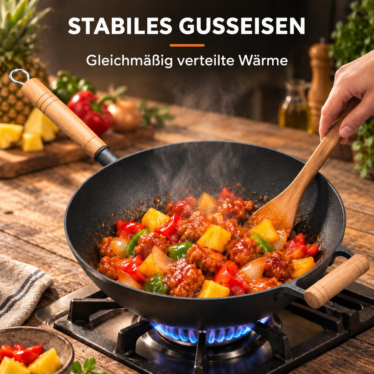 Le Hokan – Japanischer Gusseisen-Wok, STABILES GUSSEISEN: Gleichmäßig verteilte Wärme