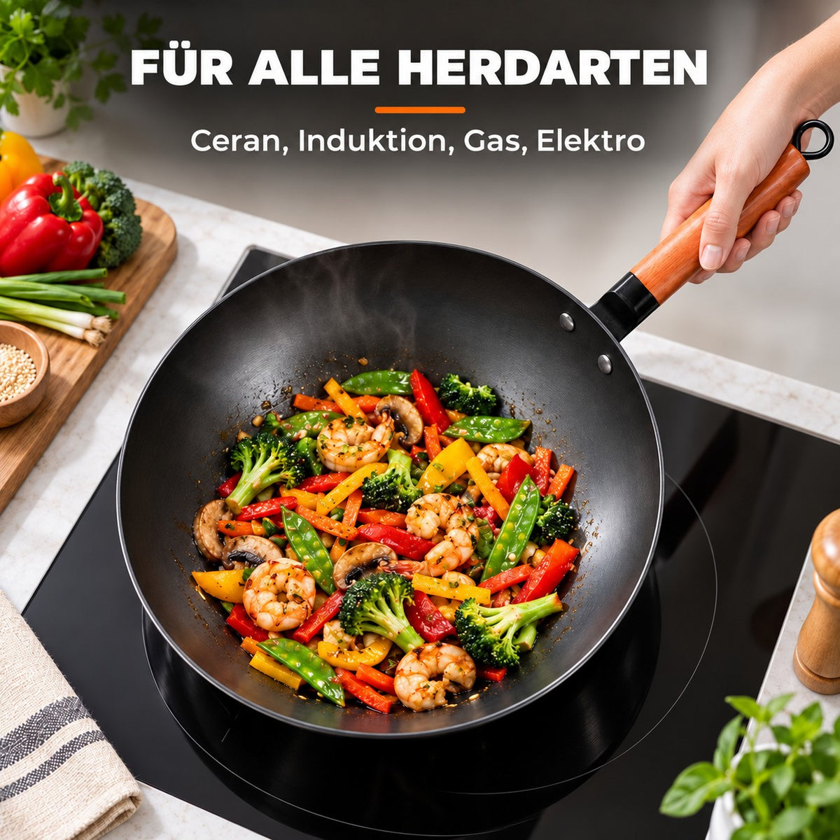 Le Kaikoma – Wok mit Holzgriff, FÜR ALLE HERDARTEN: Ceran, Induktion, Gas, Elektro
