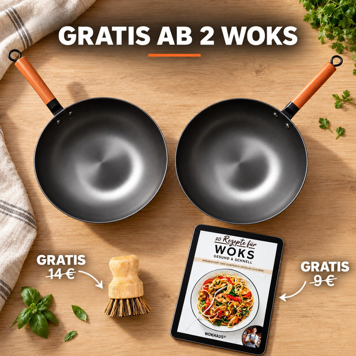 Le Kaikoma – Wok mit Holzgriff, GRATIS AB 2 WOKS: Bambusbürste (14 €), Rezeptbuch (9 €)