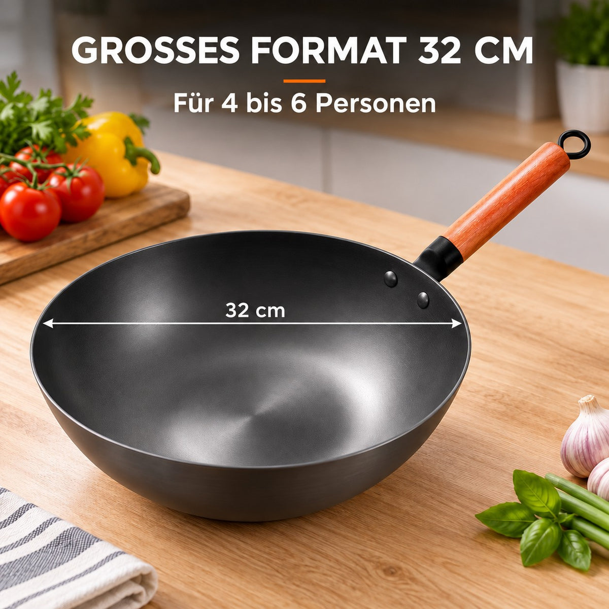 Le Kaikoma – Wok mit Holzgriff, GROSSES FORMAT 32 CM: Für 4 bis 6 Personen