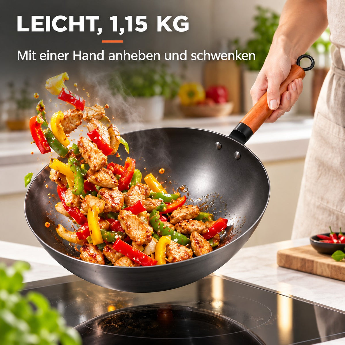 Le Kaikoma – Wok mit Holzgriff, LEICHT, 1,15 KG: Mit einer Hand anheben und schwenken