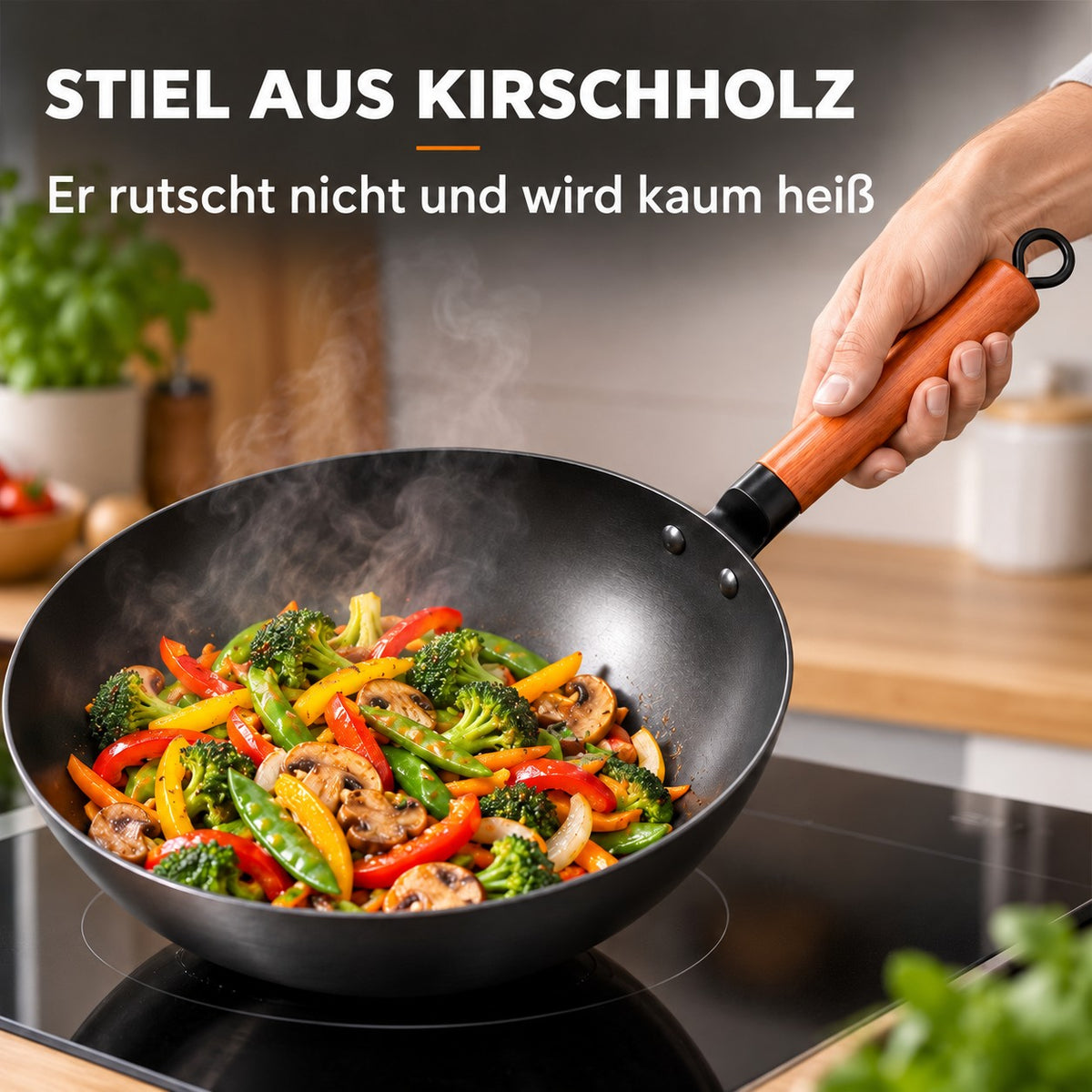 Le Kaikoma – Wok mit Holzgriff, STIEL AUS KIRSCHHOLZ: Er rutscht nicht und wird kaum heiß