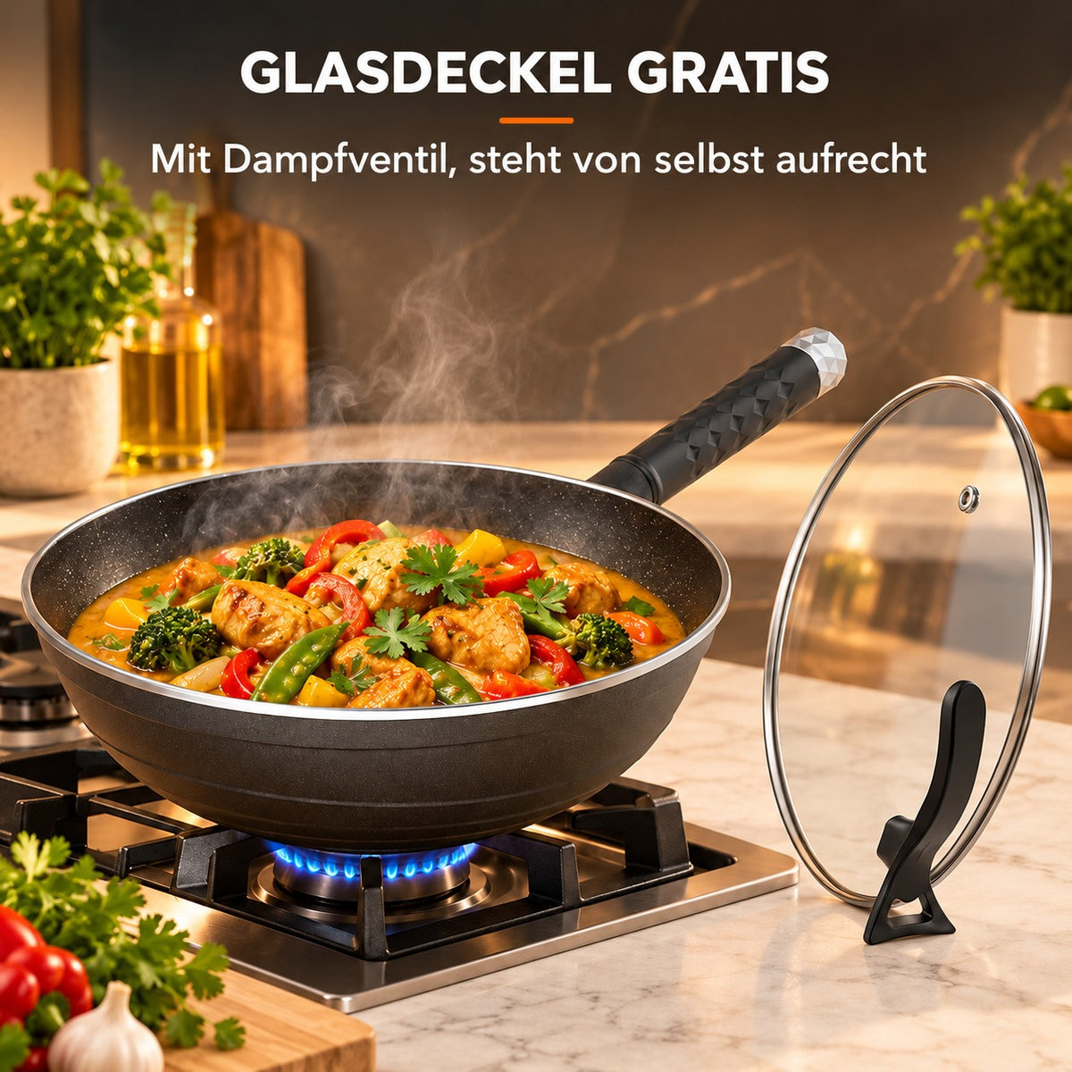 Le Komaga – Wok für Ceranfeld, GLASDECKEL GRATIS: Mit Dampfventil, steht von selbst aufrecht