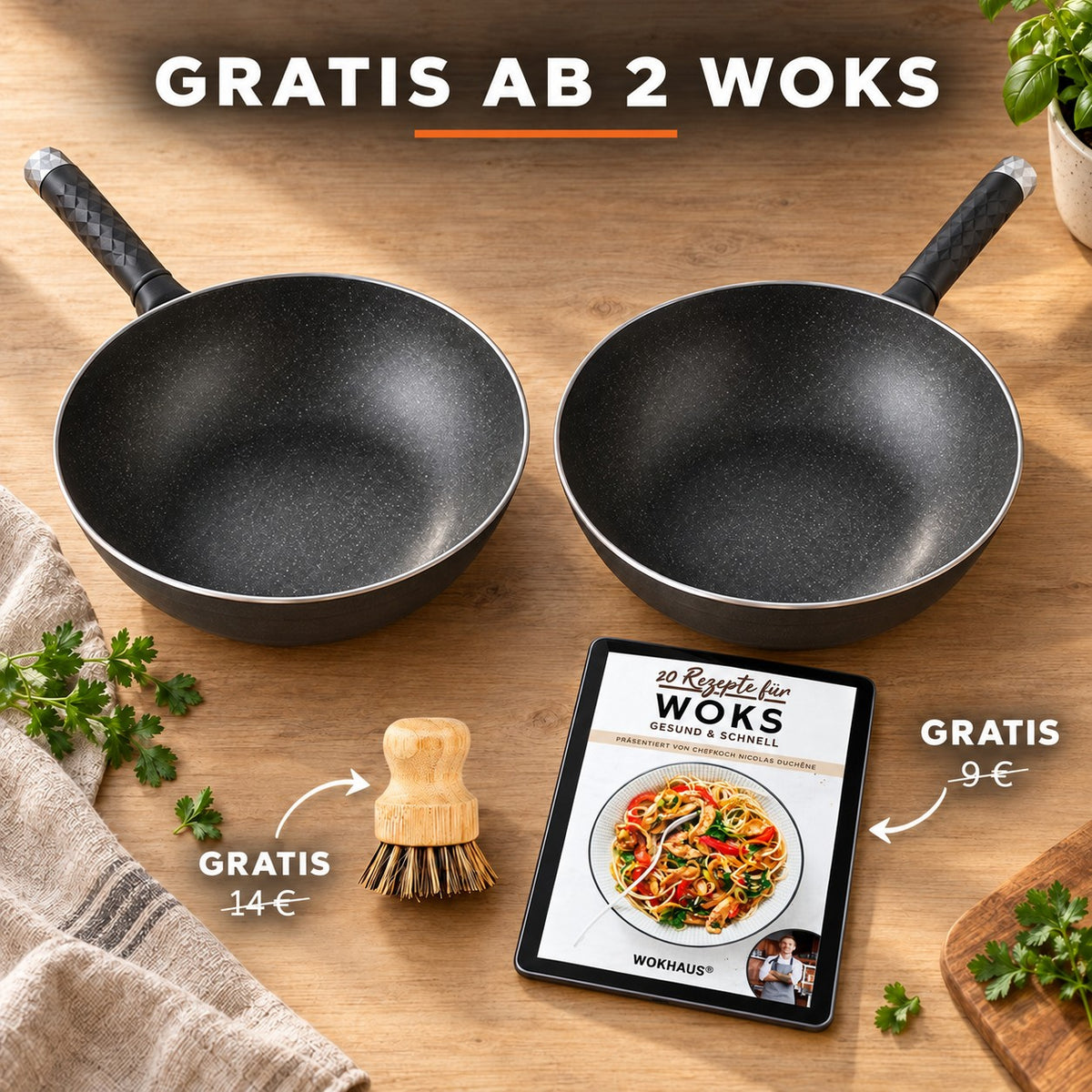 Le Komaga – Wok für Ceranfeld, GRATIS AB 2 WOKS: Bambusbürste (14 €), Rezeptbuch (9 €)