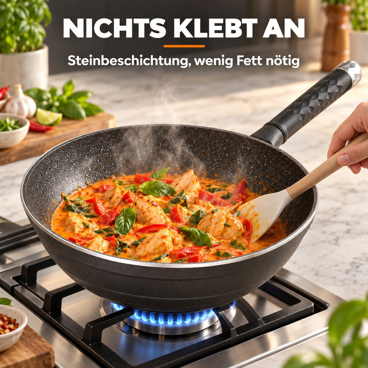 Le Komaga – Wok für Ceranfeld, NICHTS KLEBT AN: Steinbeschichtung, wenig Fett nötig