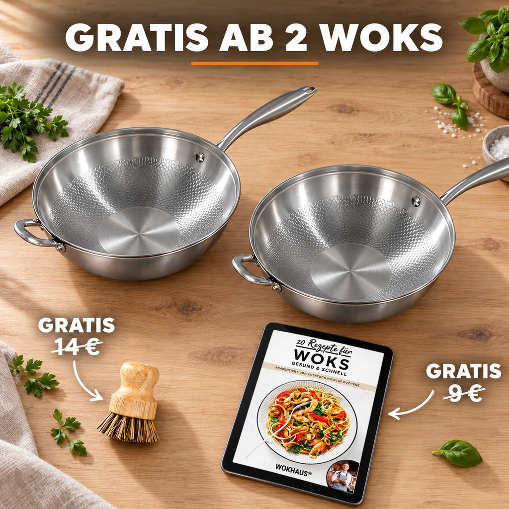 Le Myogi – Edelstahl Wok, GRATIS AB 2 WOKS: Bambusbürste (14 €), Rezeptbuch (9 €)