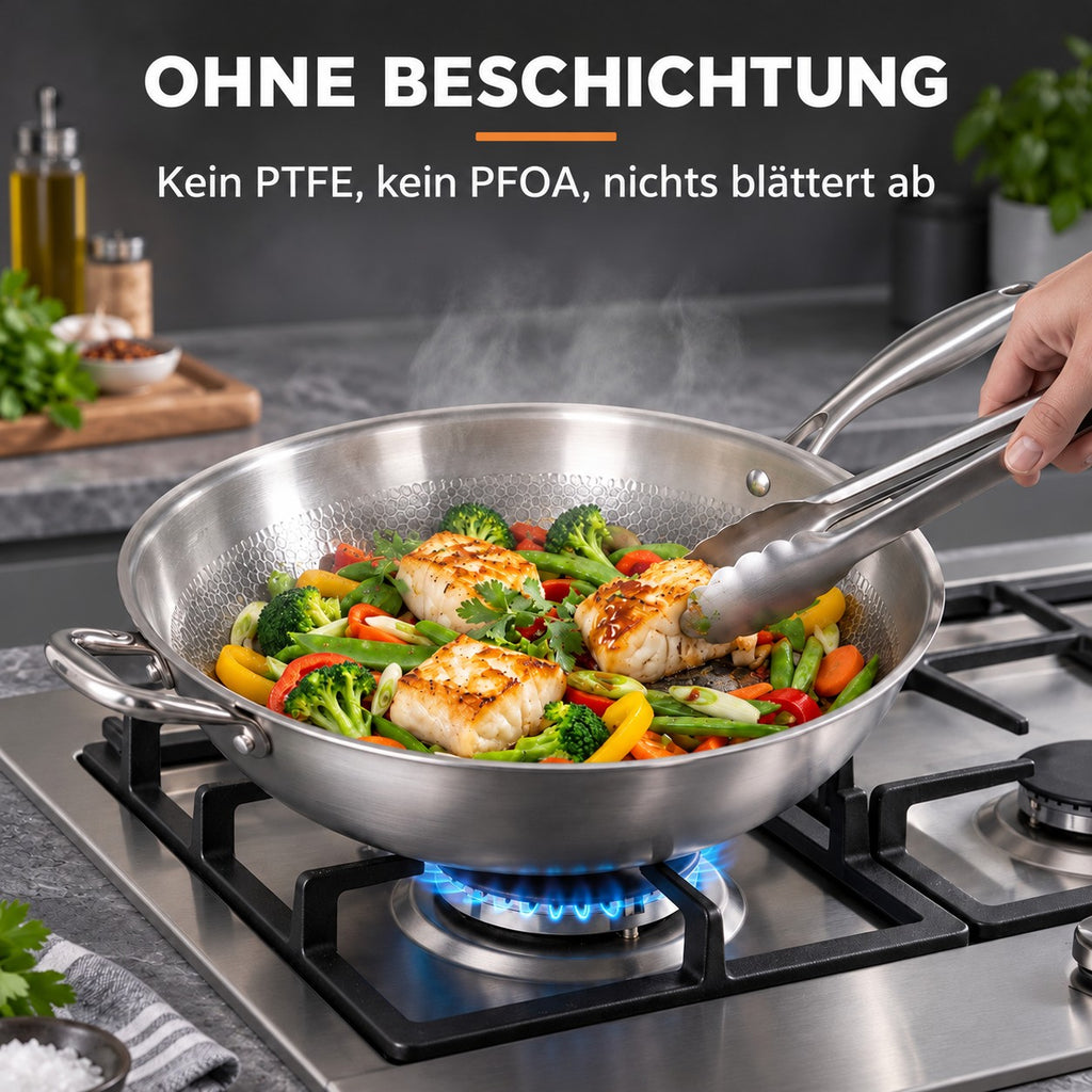 Le Myogi – Edelstahl Wok, OHNE BESCHICHTUNG: Kein PTFE, kein PFOA, nichts blättert ab