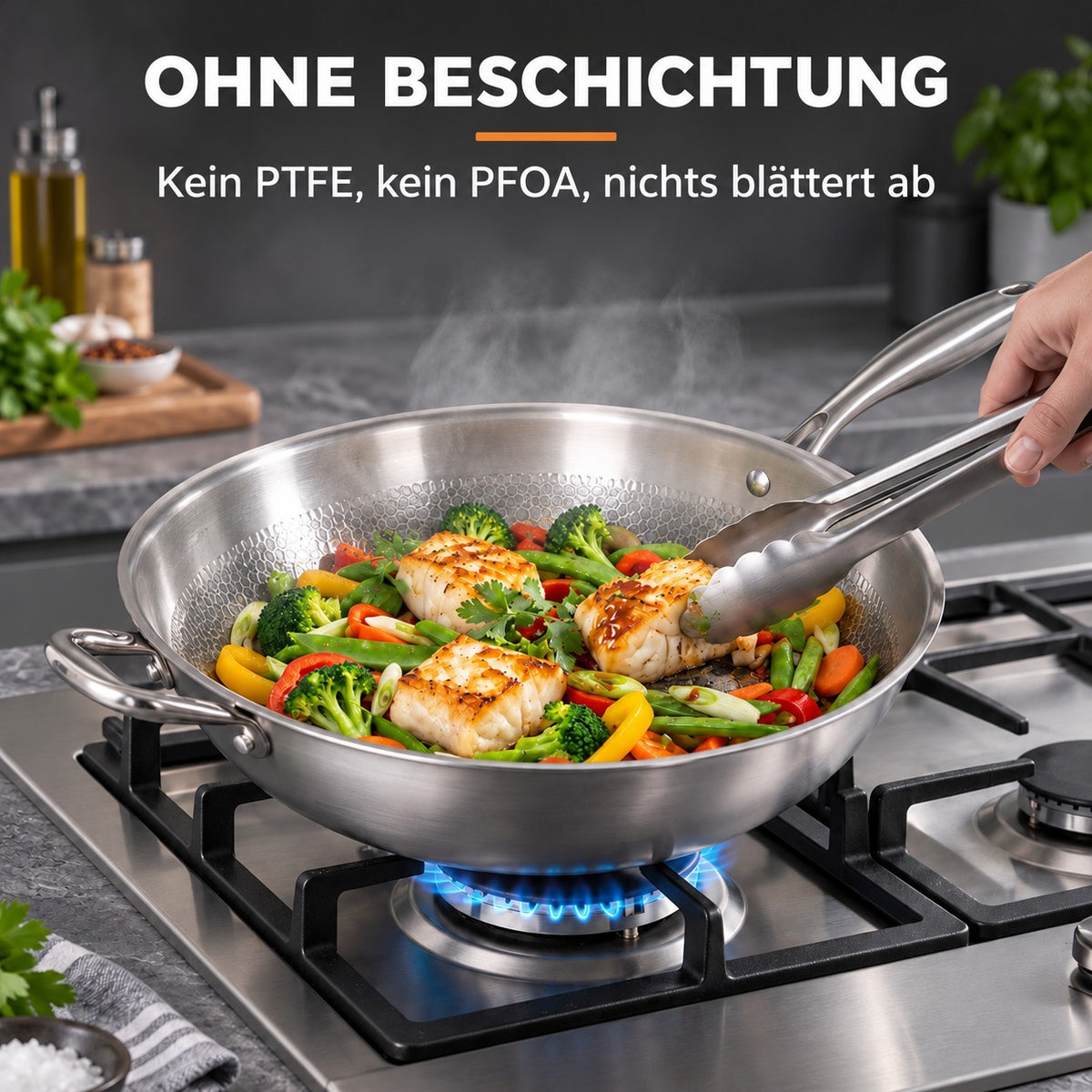 Le Myogi – Edelstahl Wok, OHNE BESCHICHTUNG: Kein PTFE, kein PFOA, nichts blättert ab