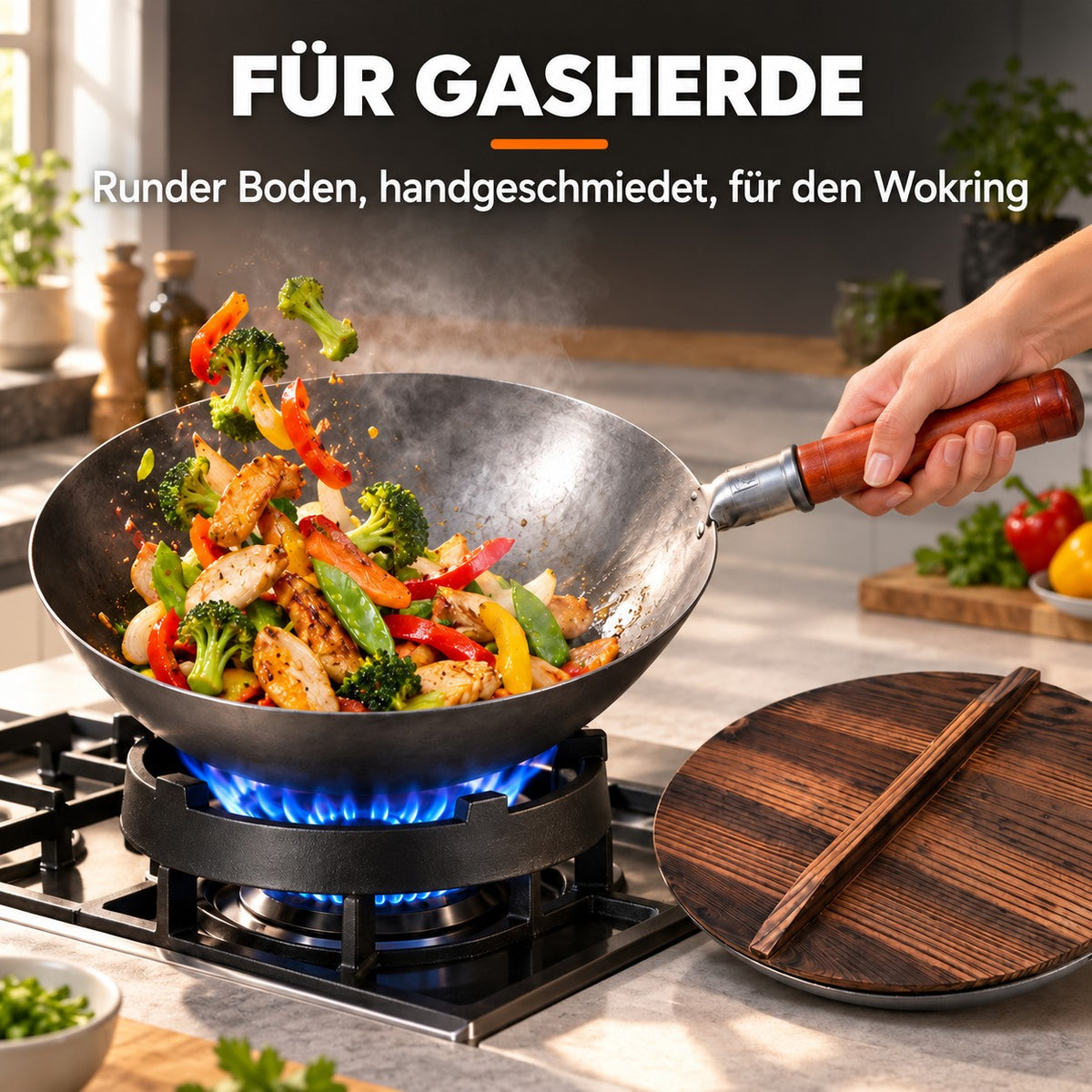 Le Nasu – Wok Stahl Geschmiedet, FÜR GASHERDE: Runder Boden, handgeschmiedet, für den Wokring