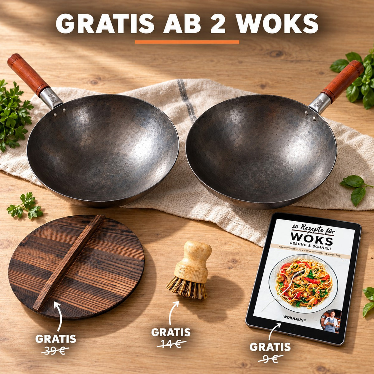 Le Nasu – Wok Stahl Geschmiedet, GRATIS AB 2 WOKS: Holzdeckel (39 €), Bambusbürste (14 €), Rezeptbuch (9 €)