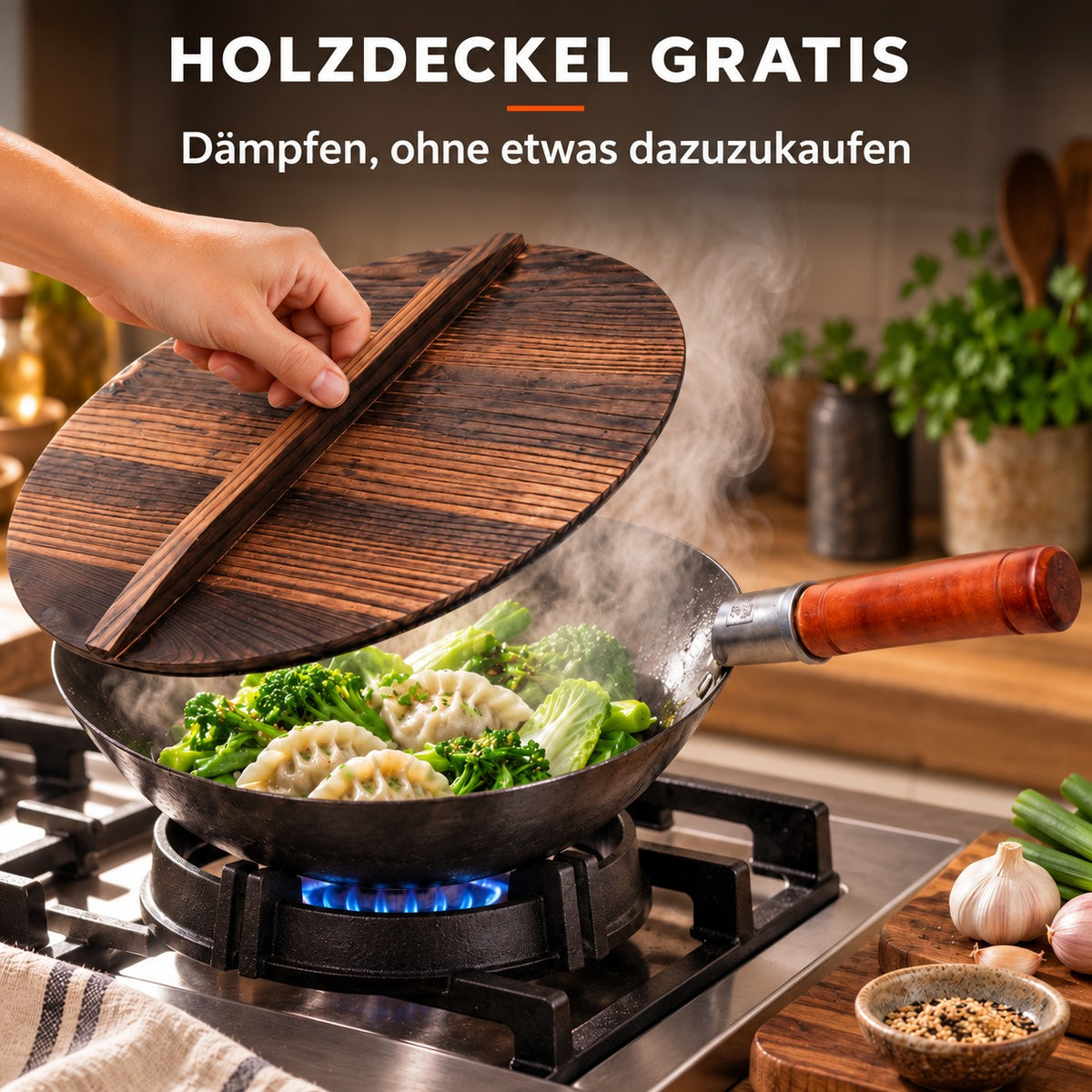 Le Nasu – Wok Stahl Geschmiedet, HOLZDECKEL GRATIS: Dämpfen, ohne etwas dazuzukaufen