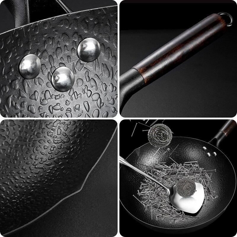 Le Norikura Wok Pfanne 32 cm Detailaufnahme des Holzgriffs und Carbonstahls