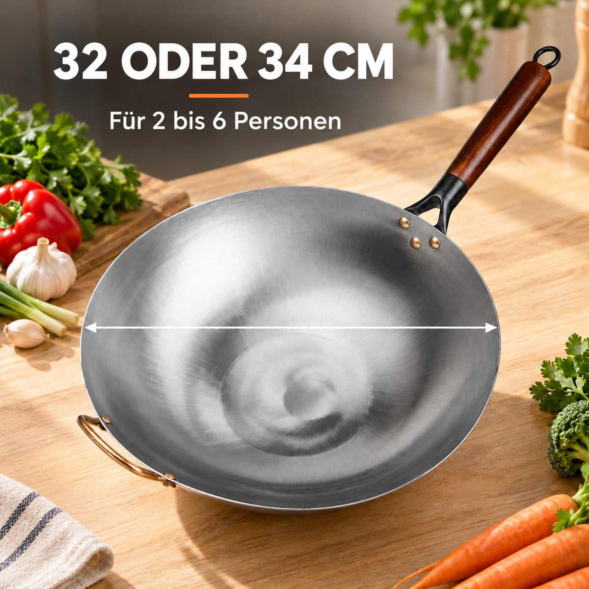 Le Pankon – Wok Carbonstahl für Gas, 32 ODER 34 CM: Für 2 bis 6 Personen