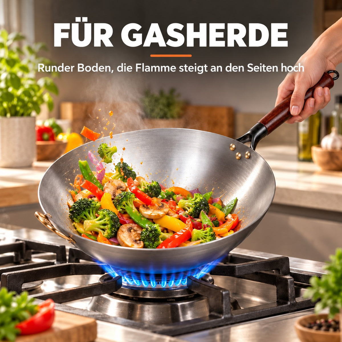 Le Pankon – Wok Carbonstahl für Gas, FÜR GASHERDE: Runder Boden, die Flamme steigt an den Seiten hoch
