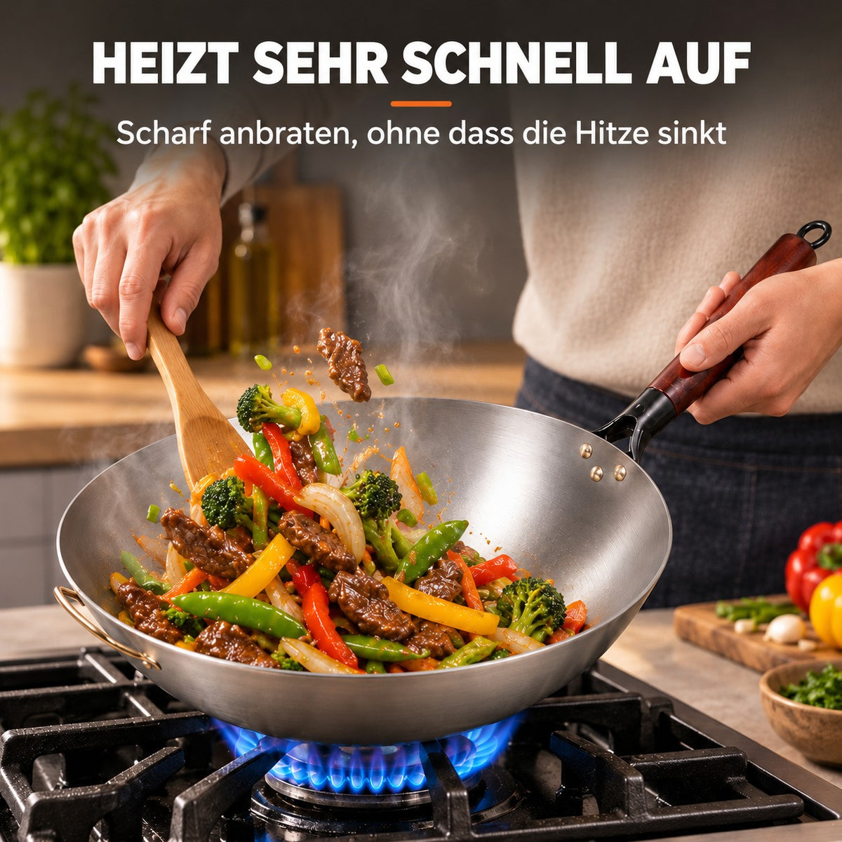Le Pankon – Wok Carbonstahl für Gas, HEIZT SEHR SCHNELL AUF: Scharf anbraten, ohne dass die Hitze sinkt