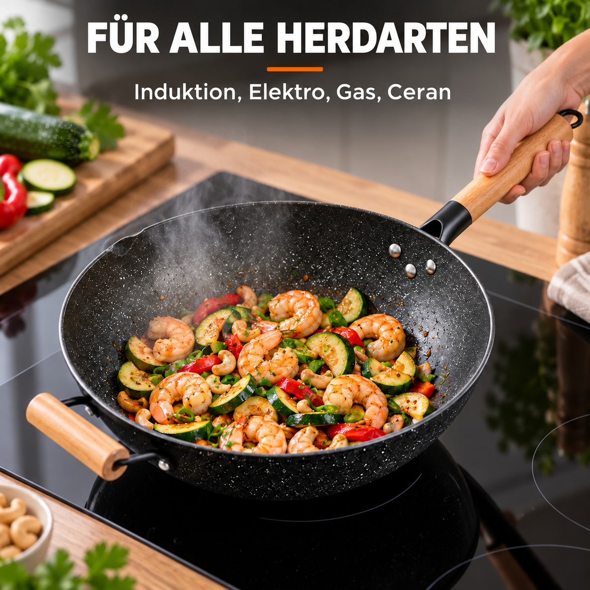 Le Poroshiri – Wok Abnehmbarer Griff Induktion, FÜR ALLE HERDARTEN: Induktion, Elektro, Gas, Ceran