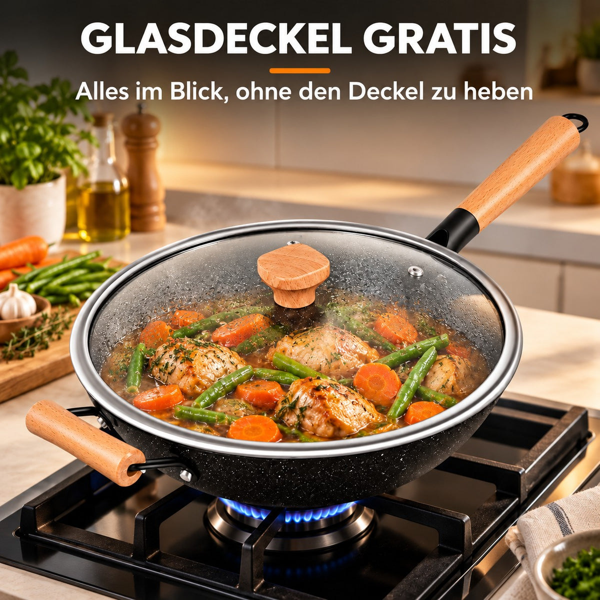 Le Poroshiri – Wok Abnehmbarer Griff Induktion, GLASDECKEL GRATIS: Alles im Blick, ohne den Deckel zu heben