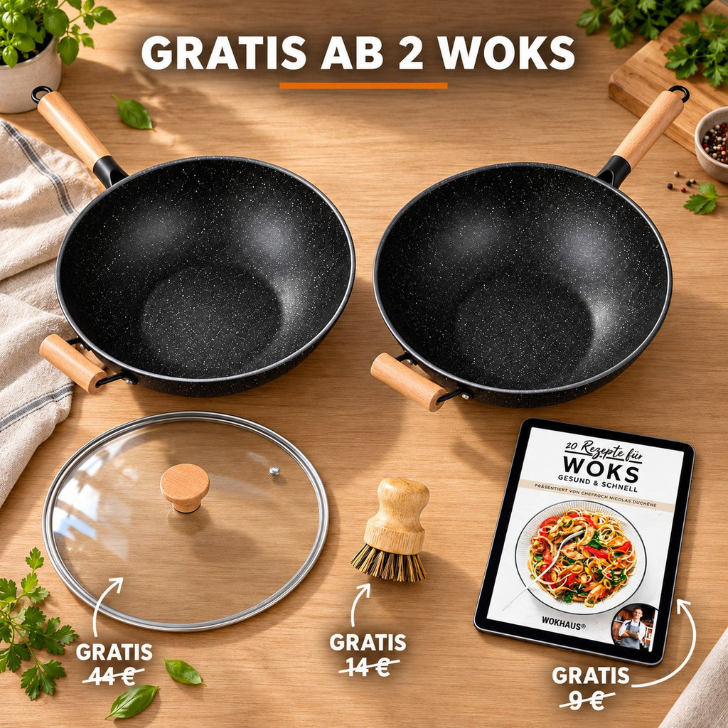 Le Poroshiri – Wok Abnehmbarer Griff Induktion, GRATIS AB 2 WOKS: Glasdeckel (44 €), Bambusbürste (14 €), Rezeptbuch (9 €)