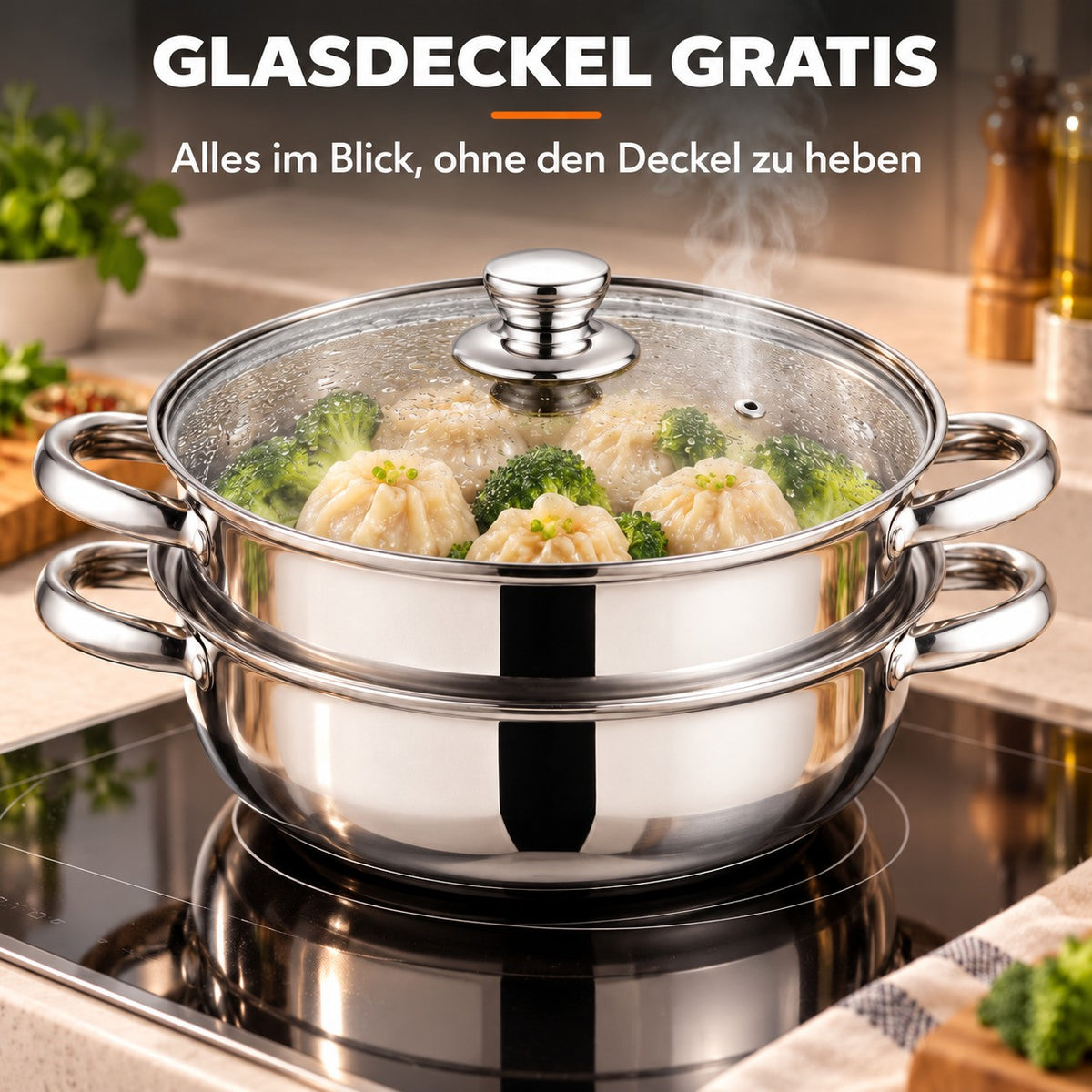 Le Senami – Wok Set mit Dünsteinsatz, GLASDECKEL GRATIS: Alles im Blick, ohne den Deckel zu heben