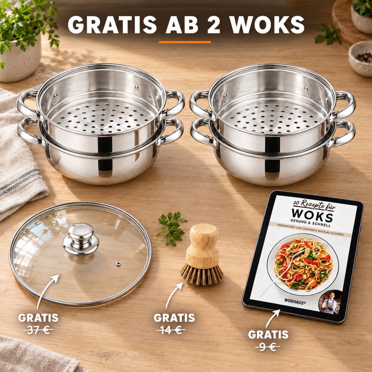 Le Senami – Wok Set mit Dünsteinsatz, GRATIS AB 2 WOKS: Glasdeckel (37 €), Bambusbürste (14 €), Rezeptbuch (9 €)