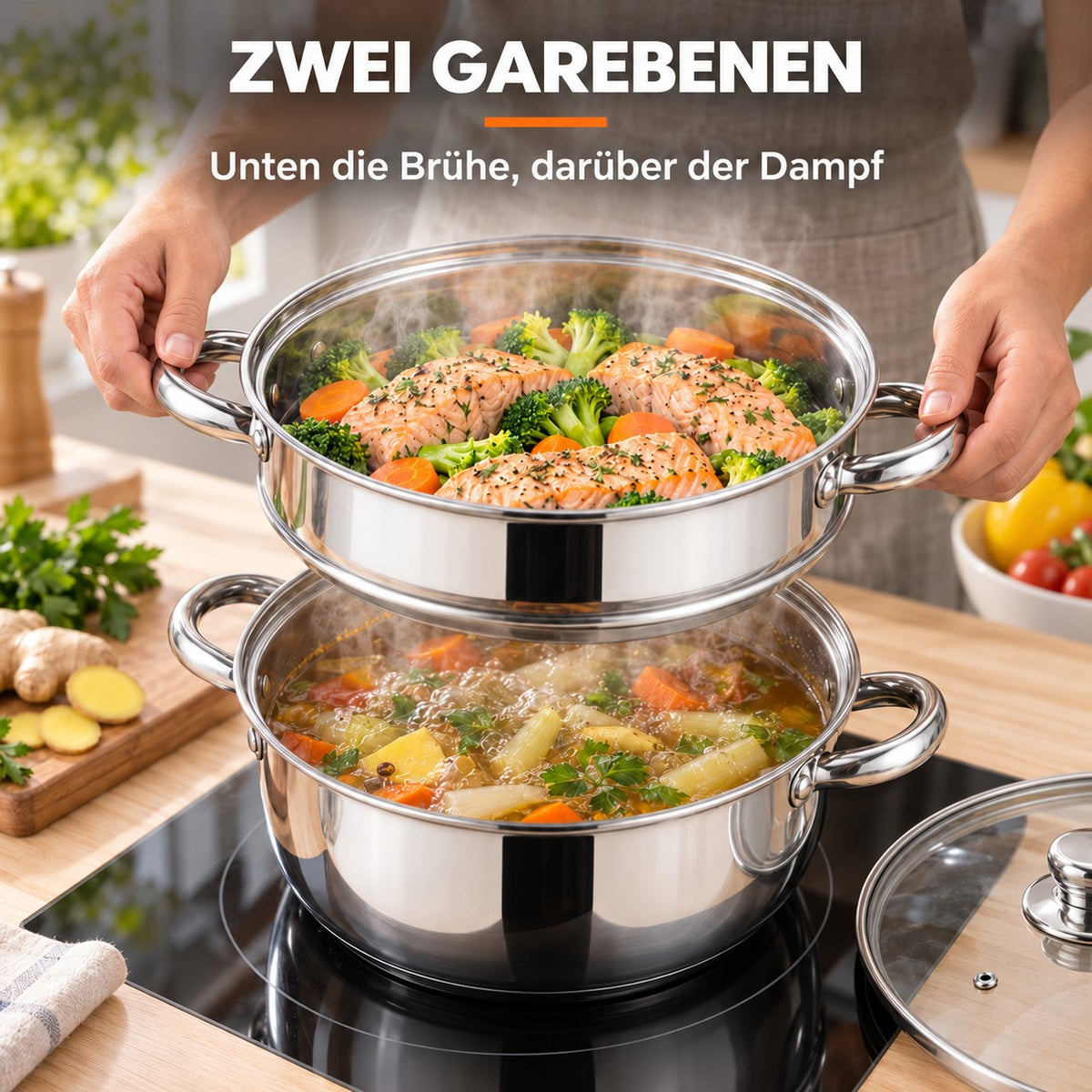 Le Senami – Wok Set mit Dünsteinsatz, ZWEI GAREBENEN: Unten die Brühe, darüber der Dampf