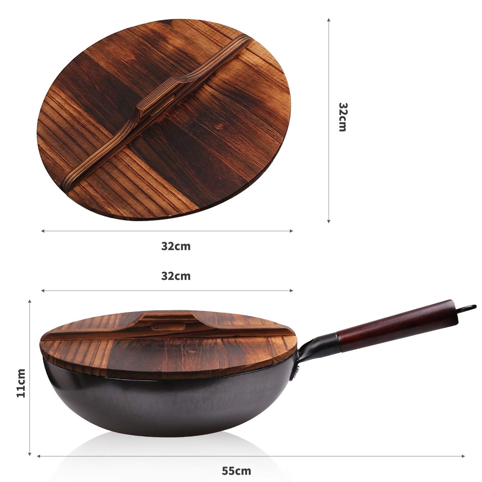 Le Shirane japanischer Karbonstahl-Wok mit Holzdeckel und langem Griff