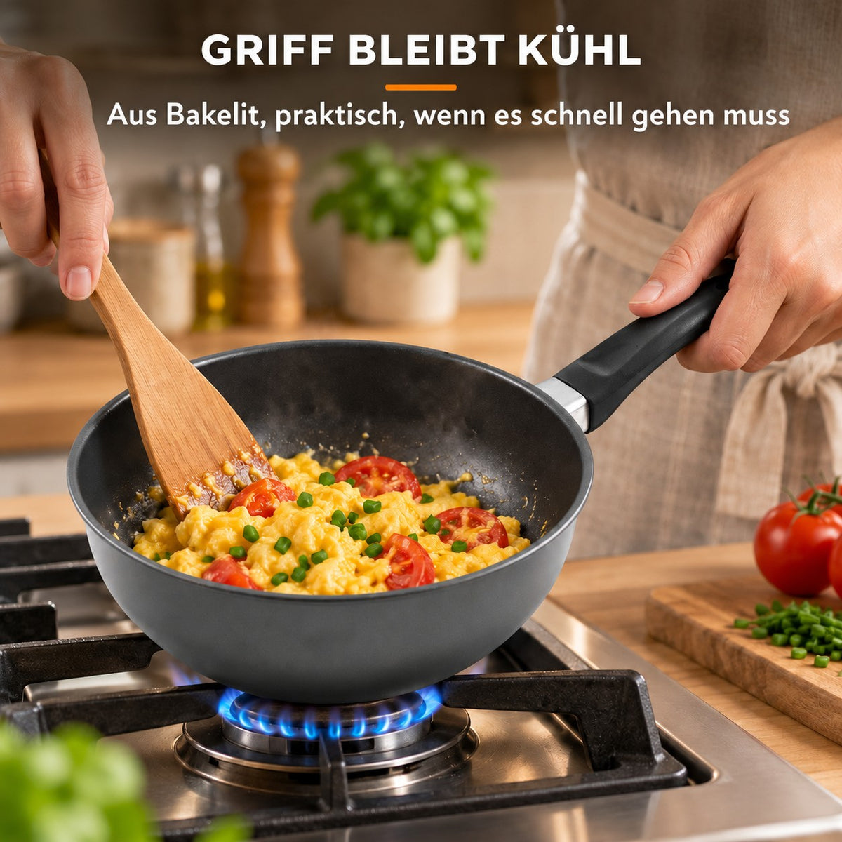 Le Yorimi – Kleiner Wok Aluminiumguss, GRIFF BLEIBT KÜHL: Aus Bakelit, praktisch, wenn es schnell gehen muss