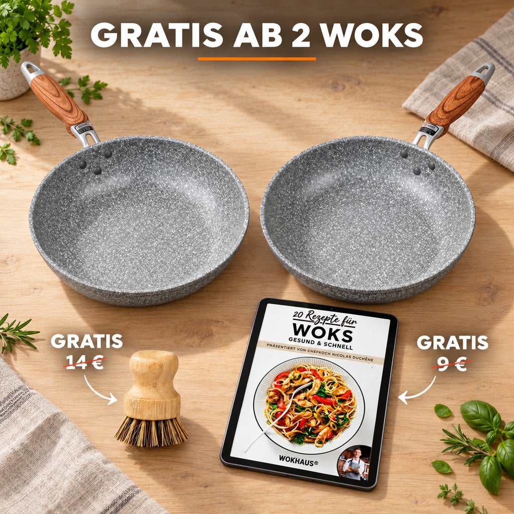 Le Yukano – Antihaft-Wokpfanne, GRATIS AB 2 WOKS: Bambusbürste (14 €), Rezeptbuch (9 €)
