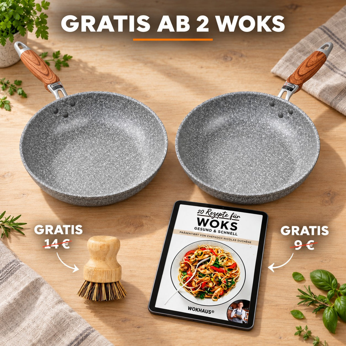Le Yukano – Antihaft-Wokpfanne, GRATIS AB 2 WOKS: Bambusbürste (14 €), Rezeptbuch (9 €)